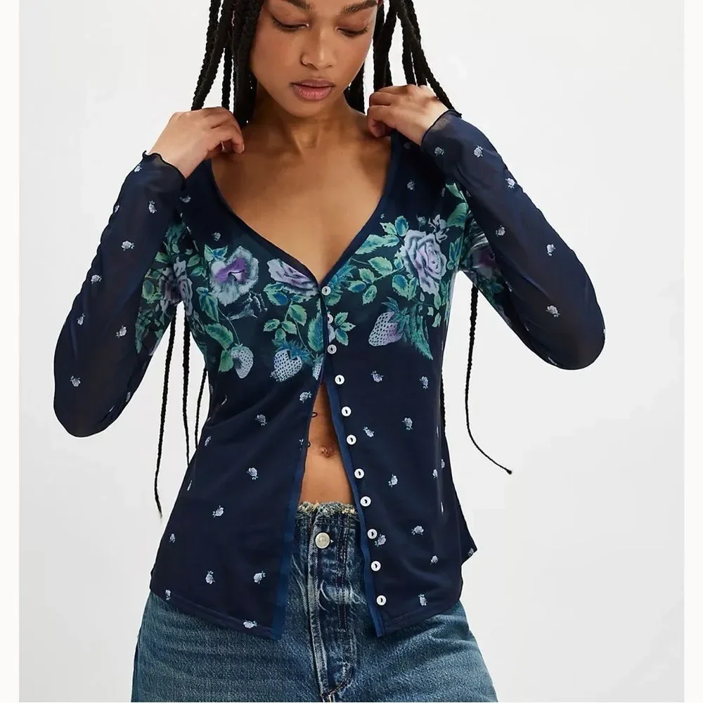 Free people Blue Floral Print Button Down Sheer/Mesh(Size Small)